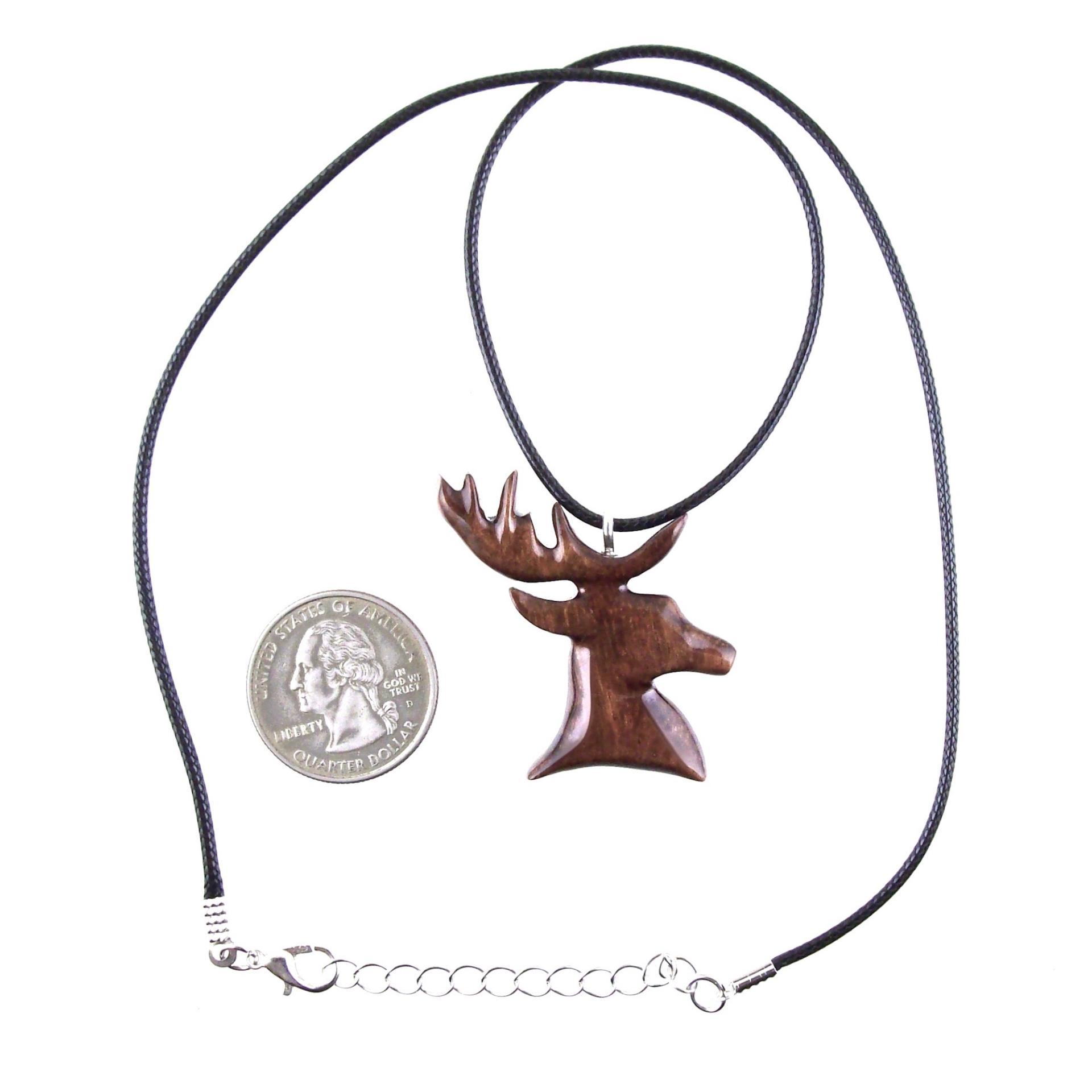 Hand Carved Wooden Deer Stag Pendant Necklace, Buck Head Spirit Animal Totem Gift for Him, Mens Wood Jewelry