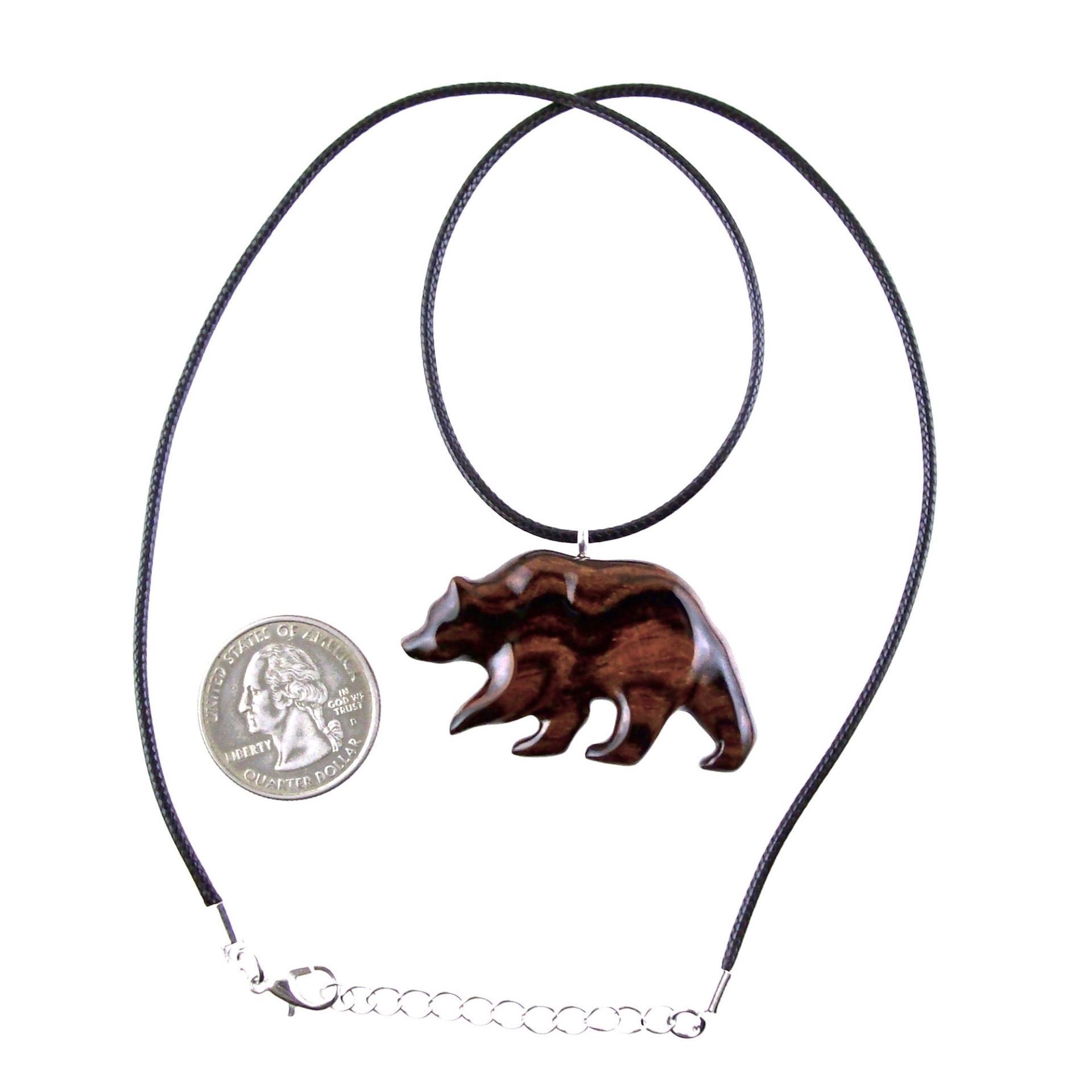 Wood Bear Necklace, Hand Carved Wooden Grizzly Bear Pendant for Men or Women, Spirit Animal Totem Jewelry Gift for Him Her