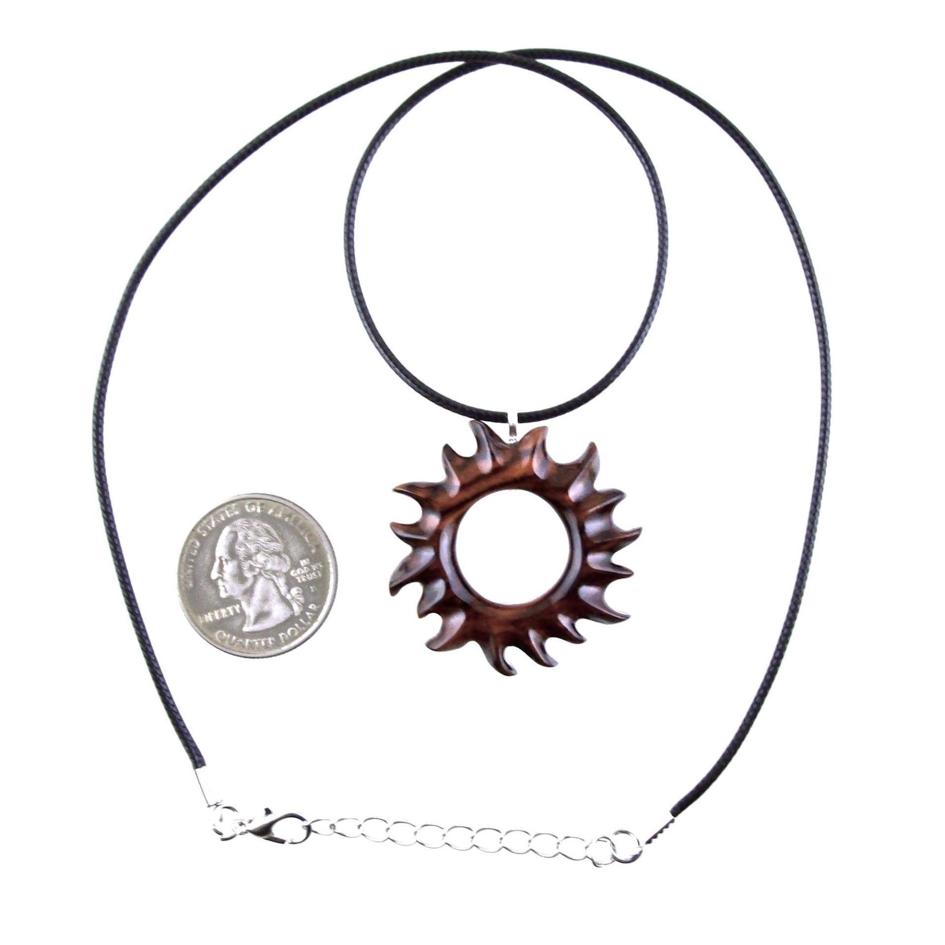 Hand Carved Sun Necklace, Wooden Sun Pendant, Celestial Necklace, Sunburst Pendant, Solar Eclipse Wood Jewelry