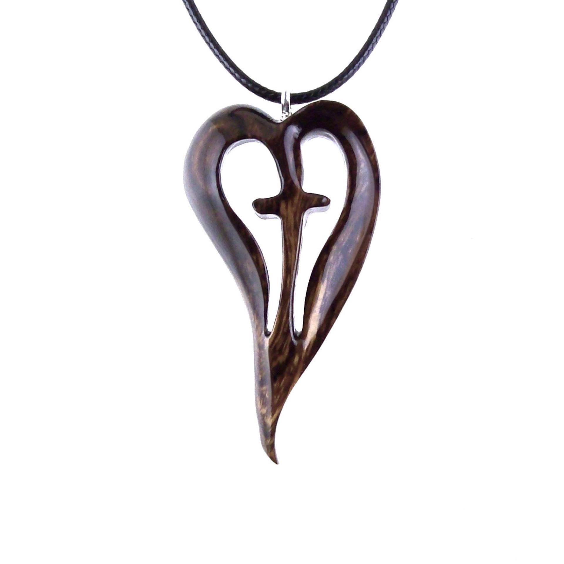 Women Cross Necklace, Wooden Heart Pendant, Hand Carved Wood Cross Necklace, 5th Anniversary Gift for Her, Christian Jewelry