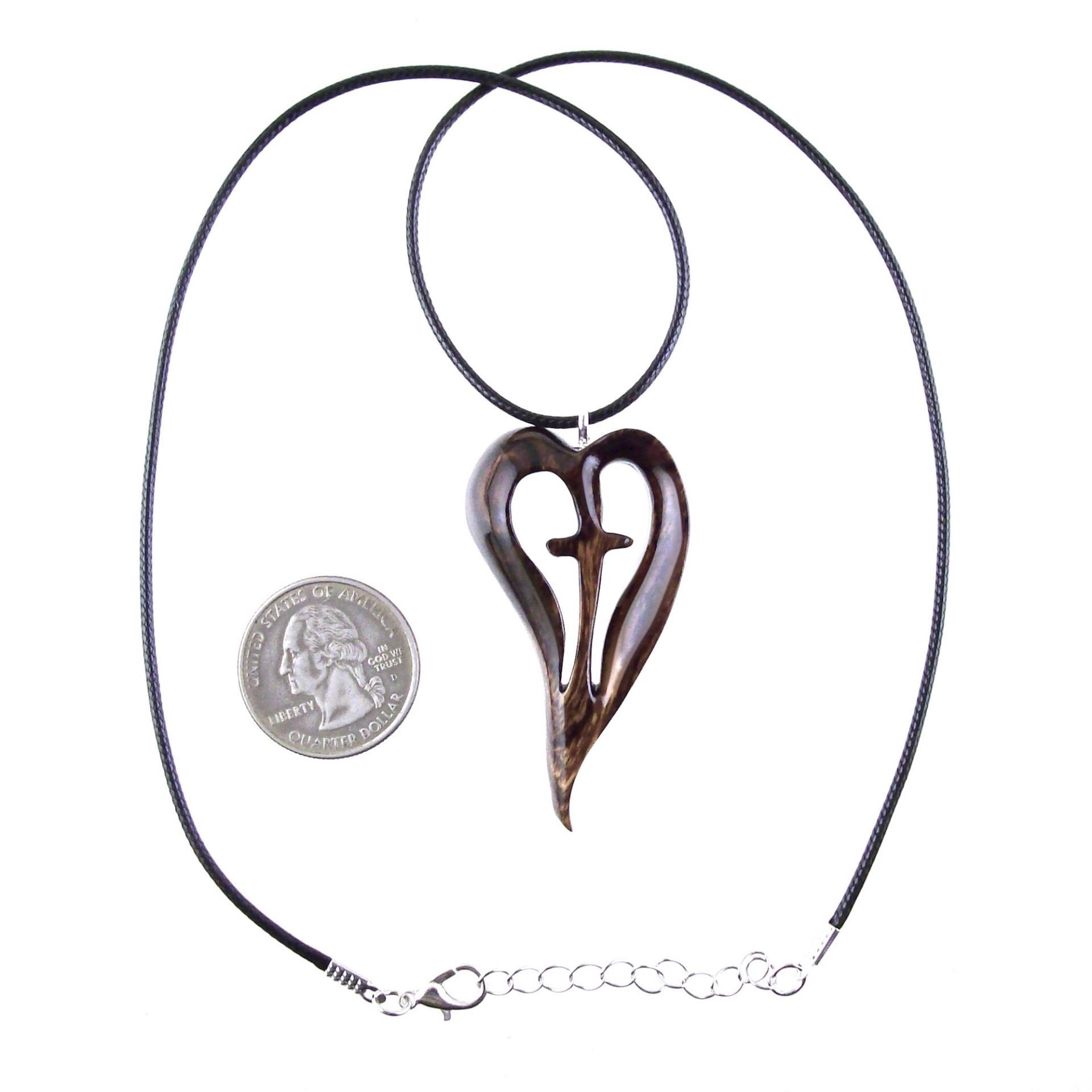 Women Cross Necklace, Wooden Heart Pendant, Hand Carved Wood Cross Necklace, 5th Anniversary Gift for Her, Christian Jewelry
