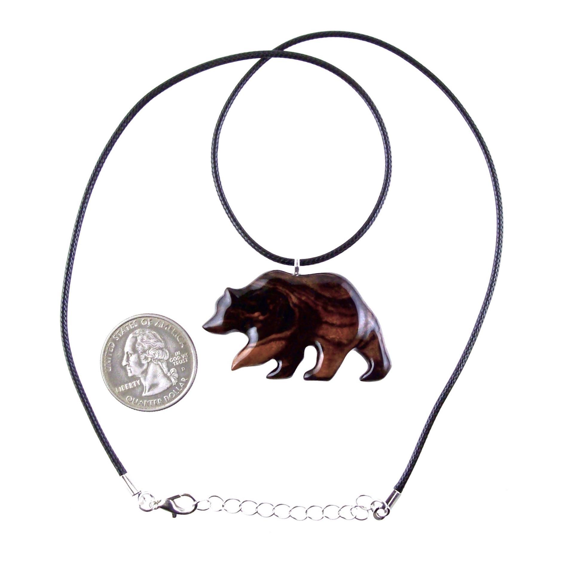 Wood Bear Necklace, Hand Carved Wooden Grizzly Bear Pendant for Men or Women, Spirit Animal Totem Jewelry Gift for Him Her