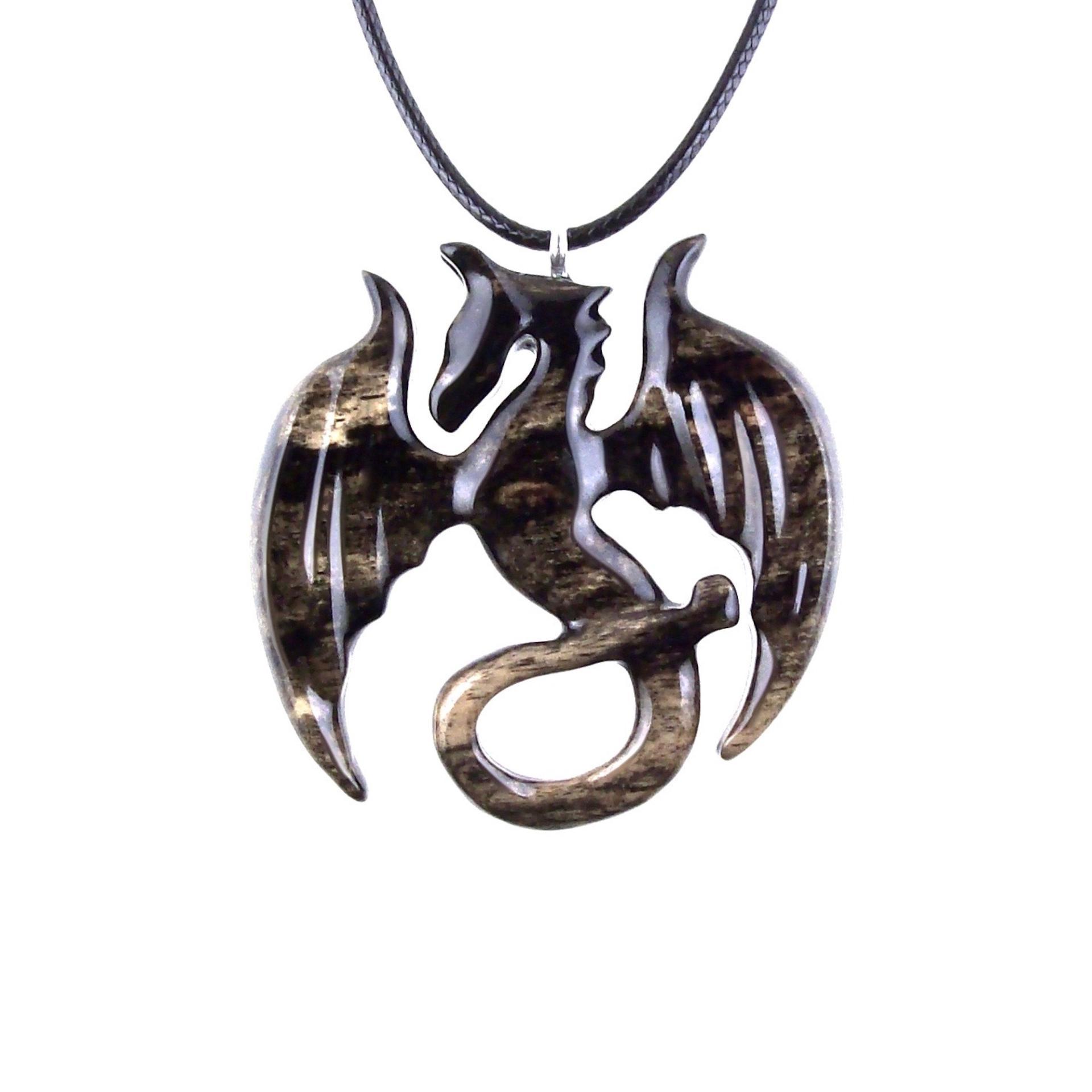 Dragon Necklace for Men Women, Hand Carved Wooden Dragon Pendant, Fantasy Wood Jewelry Gift for Her Him