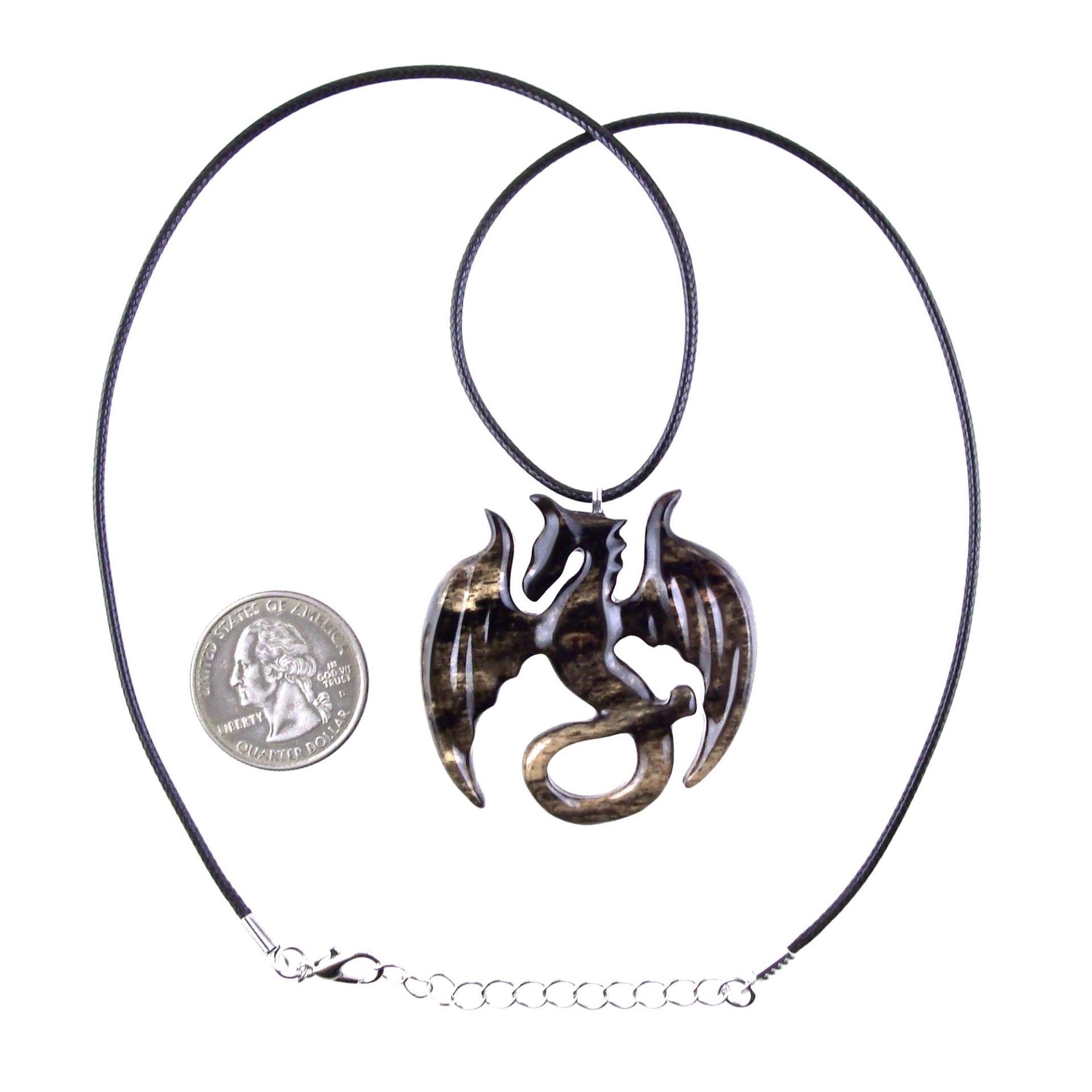 Dragon Necklace for Men Women, Hand Carved Wooden Dragon Pendant, Fantasy Wood Jewelry Gift for Her Him
