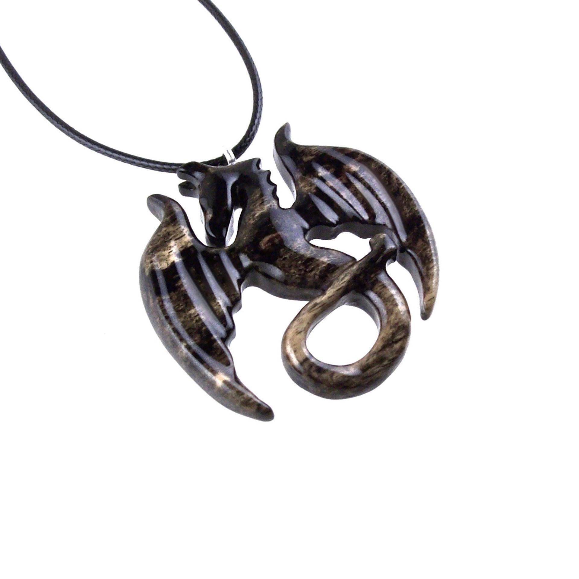 Dragon Necklace for Men Women, Hand Carved Wooden Dragon Pendant, Fantasy Wood Jewelry Gift for Her Him