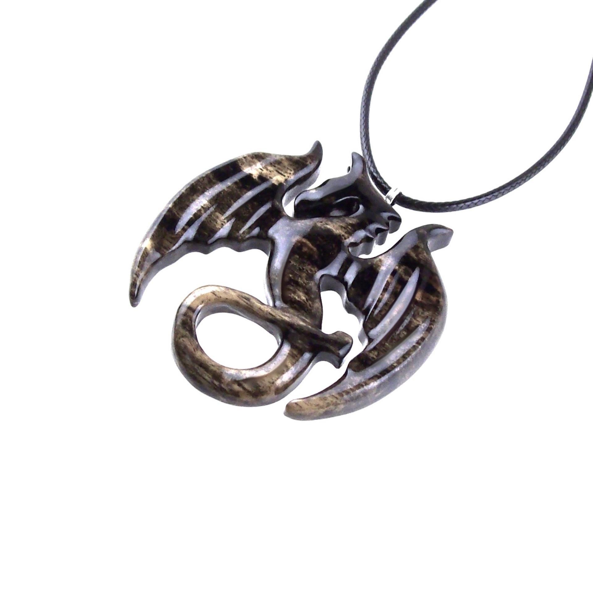 Dragon Necklace for Men Women, Hand Carved Wooden Dragon Pendant, Fantasy Wood Jewelry Gift for Her Him