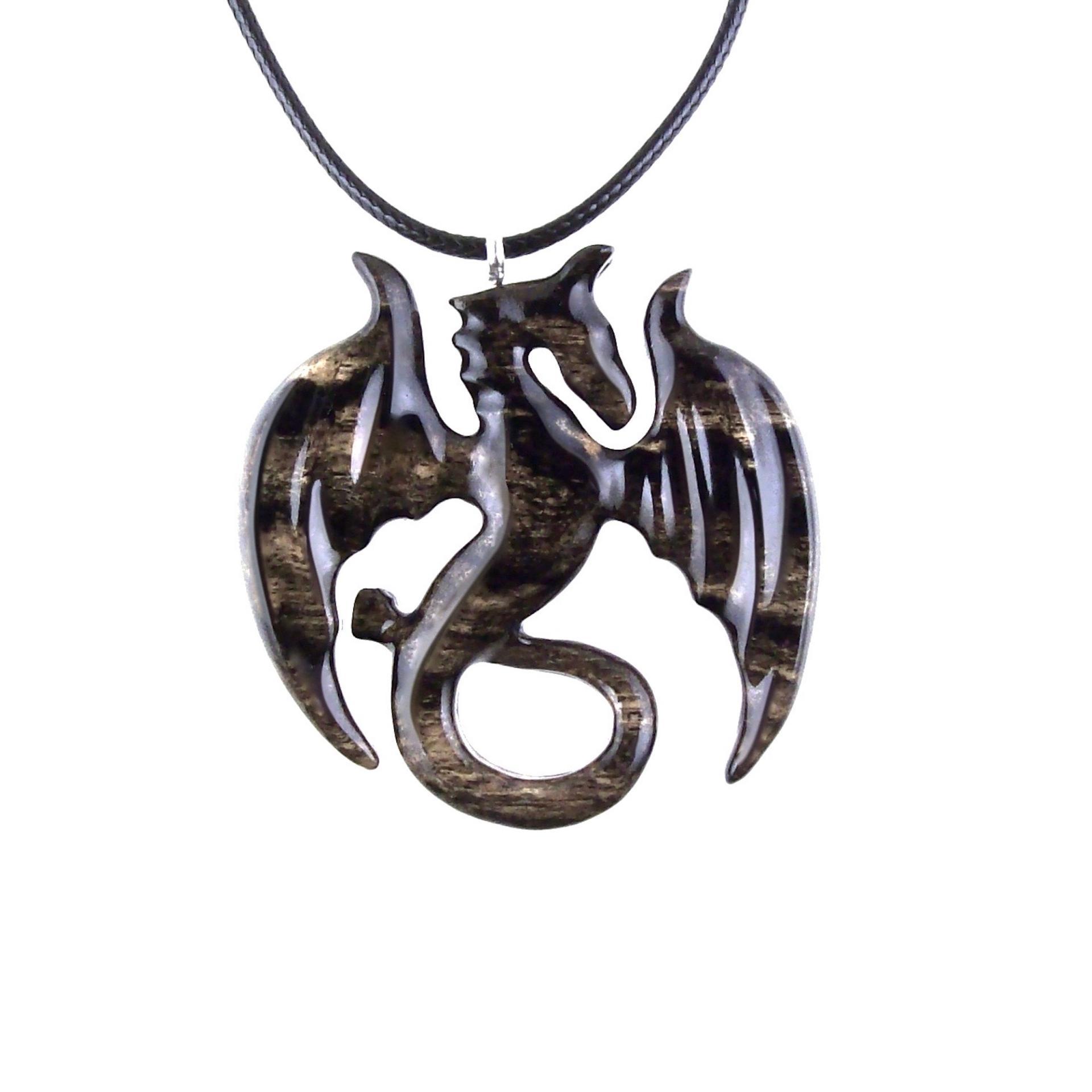 Dragon Necklace for Men Women, Hand Carved Wooden Dragon Pendant, Fantasy Wood Jewelry Gift for Her Him