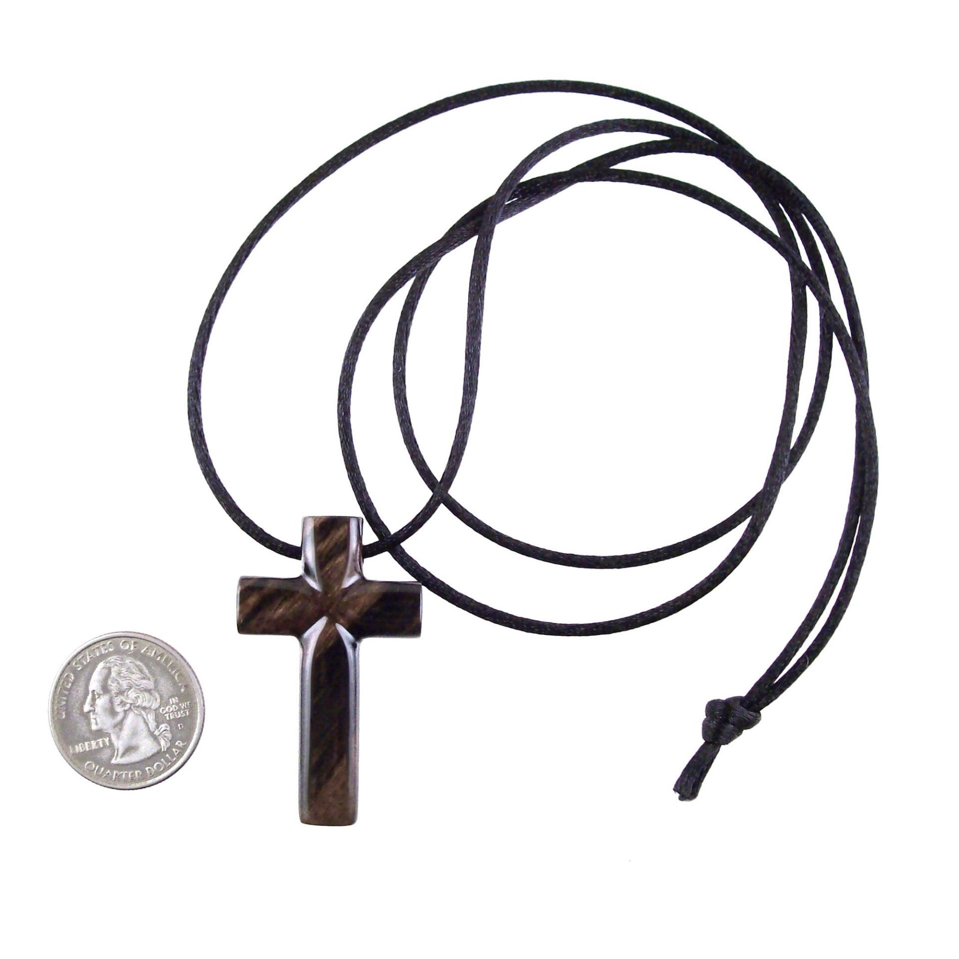 Hand Carved Wood Cross Necklace, Wooden Cross Pendant, Christian Jewelry for Men in Black with Brown Streaks