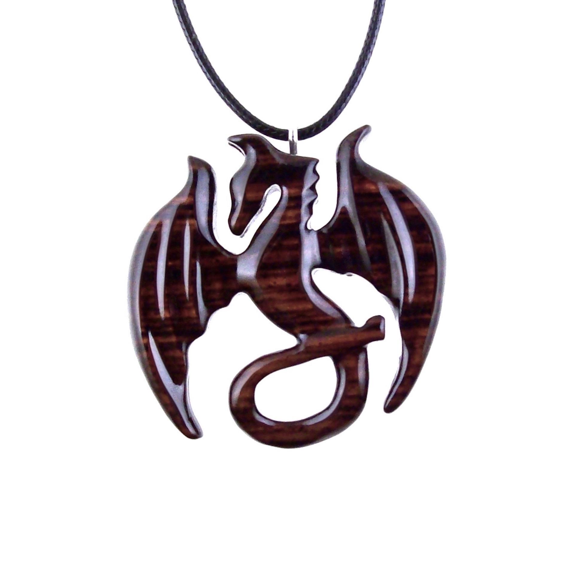Dragon Necklace for Men or Women, Wooden Dragon Pendant, Hand Carved Wood Fantasy Jewelry, One of a Kind Gift for Him Her