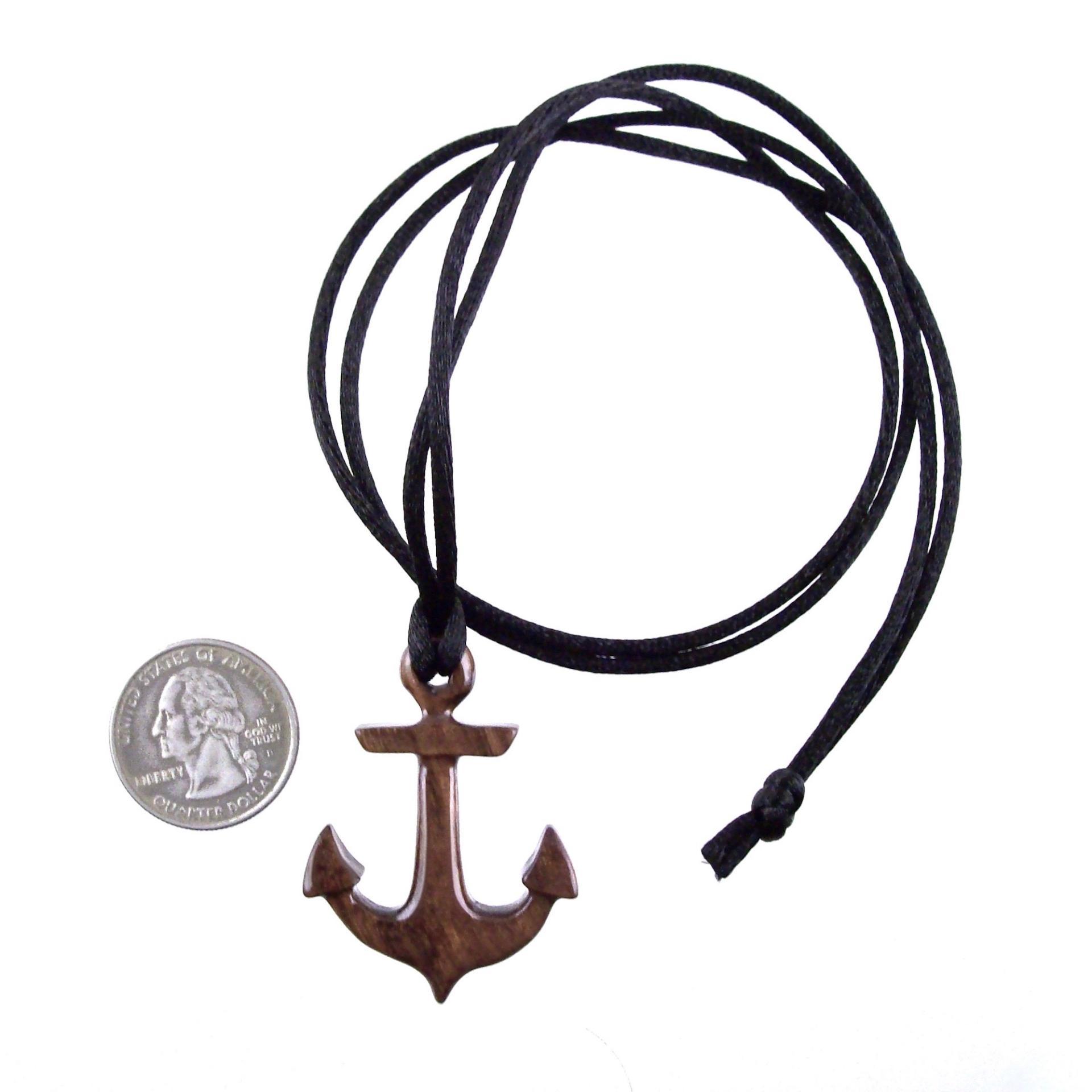 Hand Carved Wooden Anchor Pendant, Mens Wood Necklace, Handmade Nautical Jewelry Gift for Him