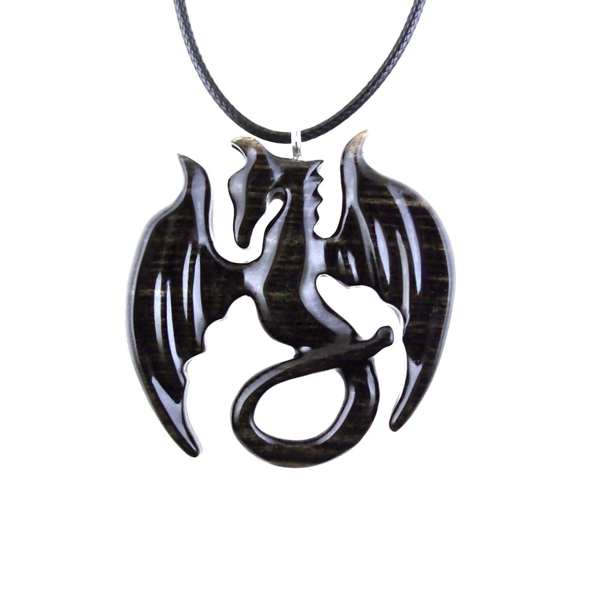 Dragon Necklace for Men Women, Hand Carved Wooden Dragon Pendant, Fantasy Wood Jewelry Gift for Her Him