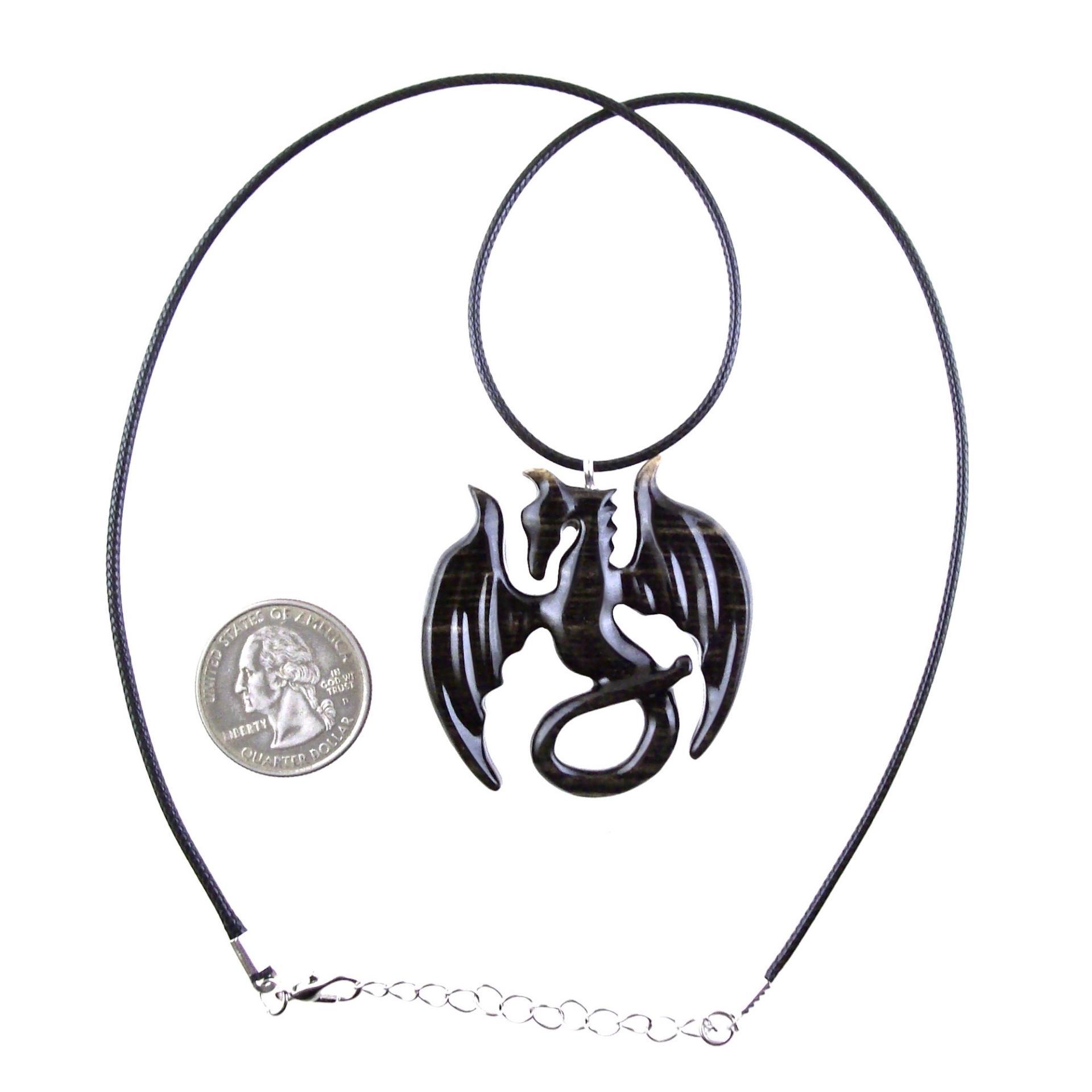 Dragon Necklace for Men Women, Hand Carved Wooden Dragon Pendant, Fantasy Wood Jewelry Gift for Her Him