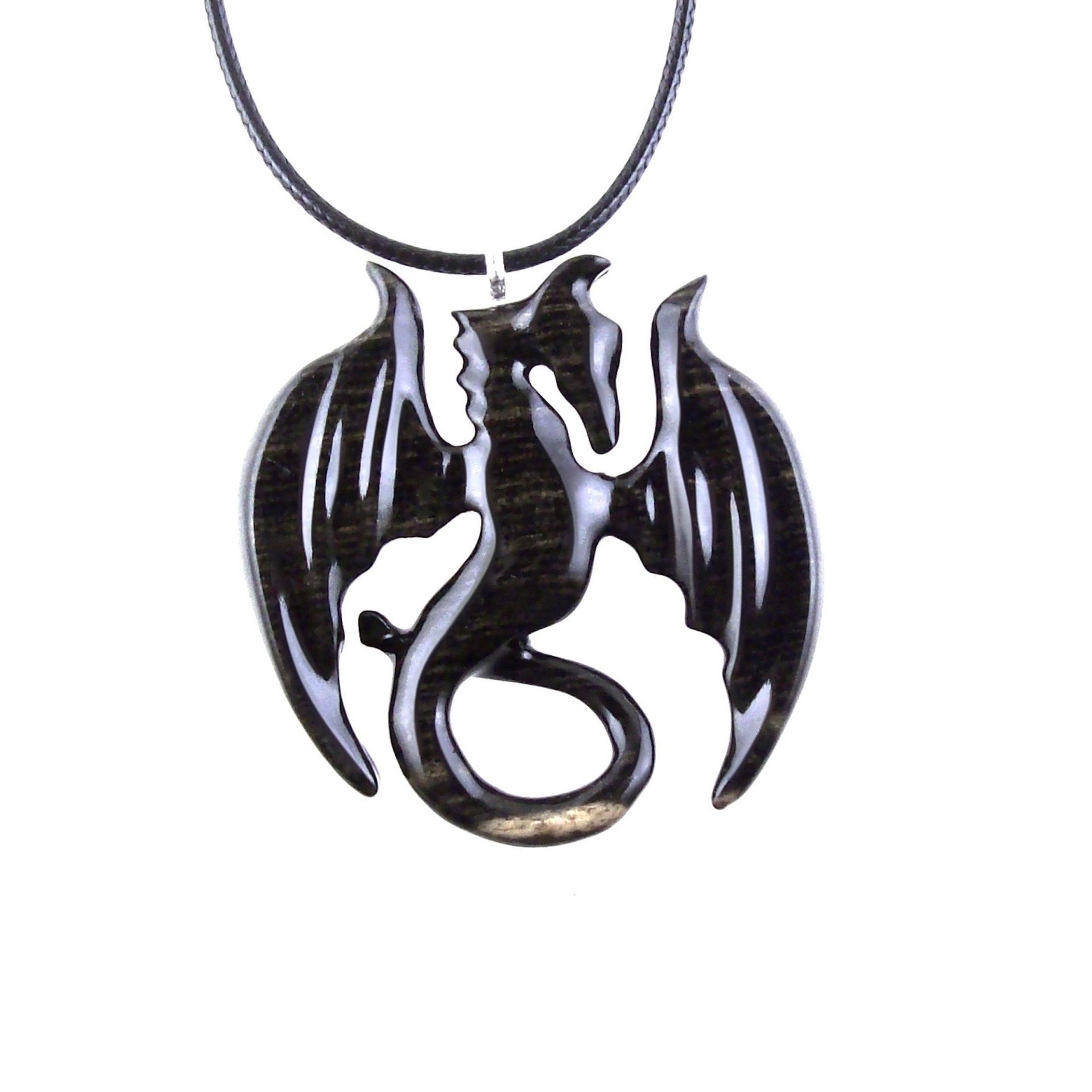 Dragon Necklace for Men Women, Hand Carved Wooden Dragon Pendant, Fantasy Wood Jewelry Gift for Her Him