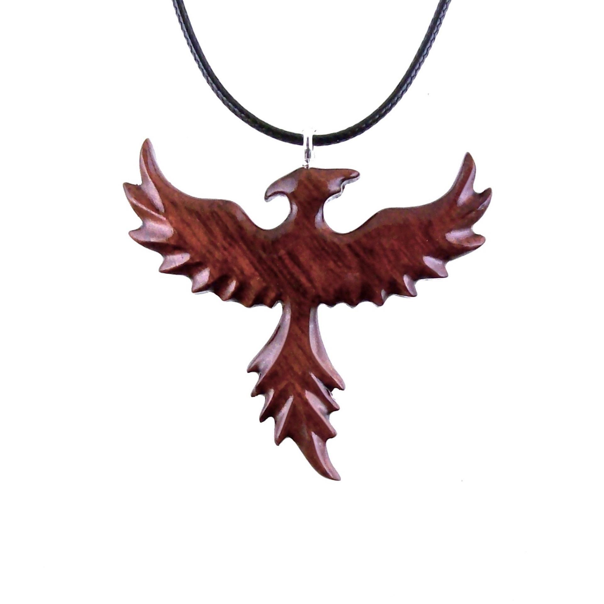Rising Phoenix Necklace, Hand Carved Wooden Phoenix Pendant, Wood Firebird Jewelry, Inspirational Gift for Her Him