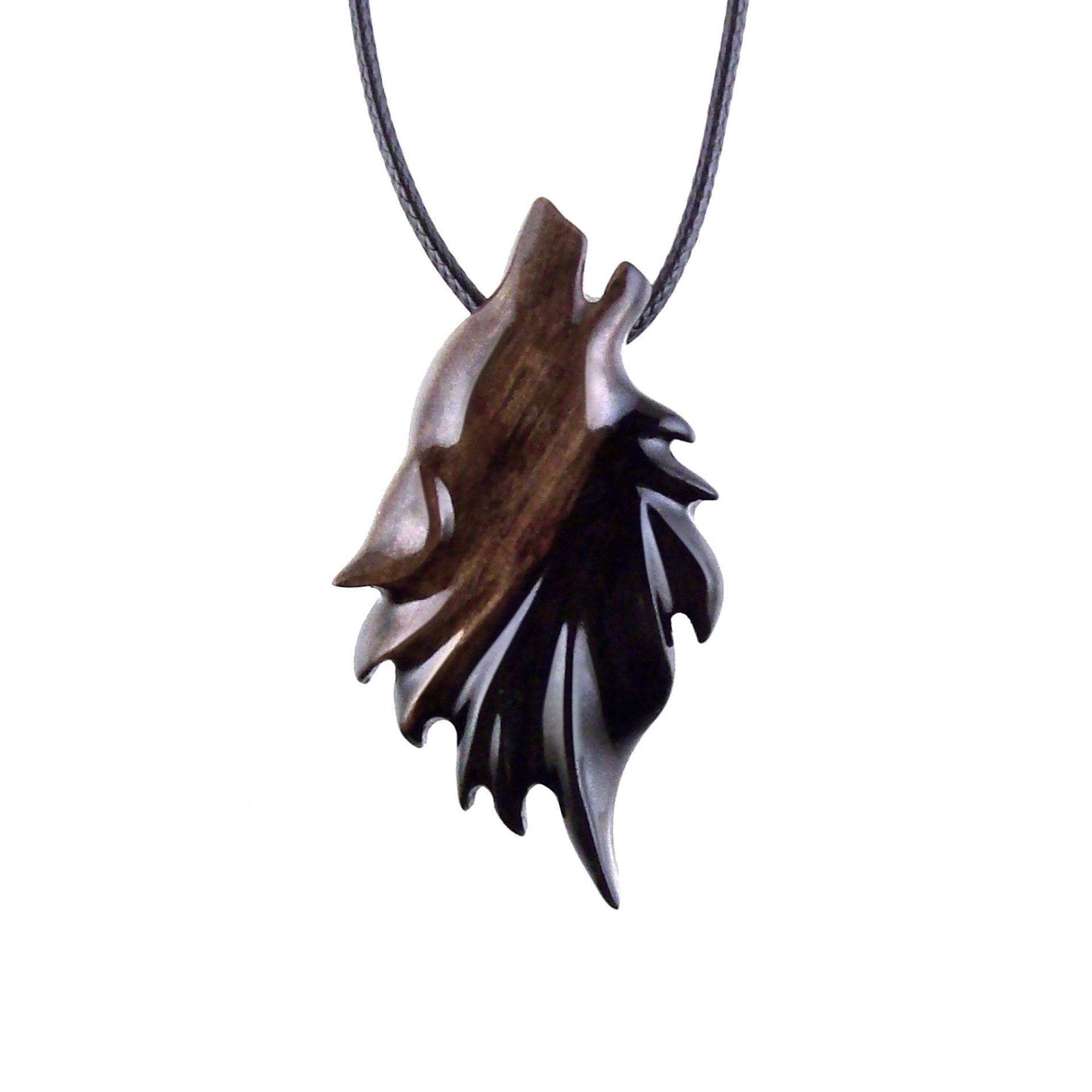 Wolf Wooden Necklace, Hand Carved Wood Wolf Head Pendant, Spirit Animal Totem, Woodland Jewelry in Black with Brown Streaks