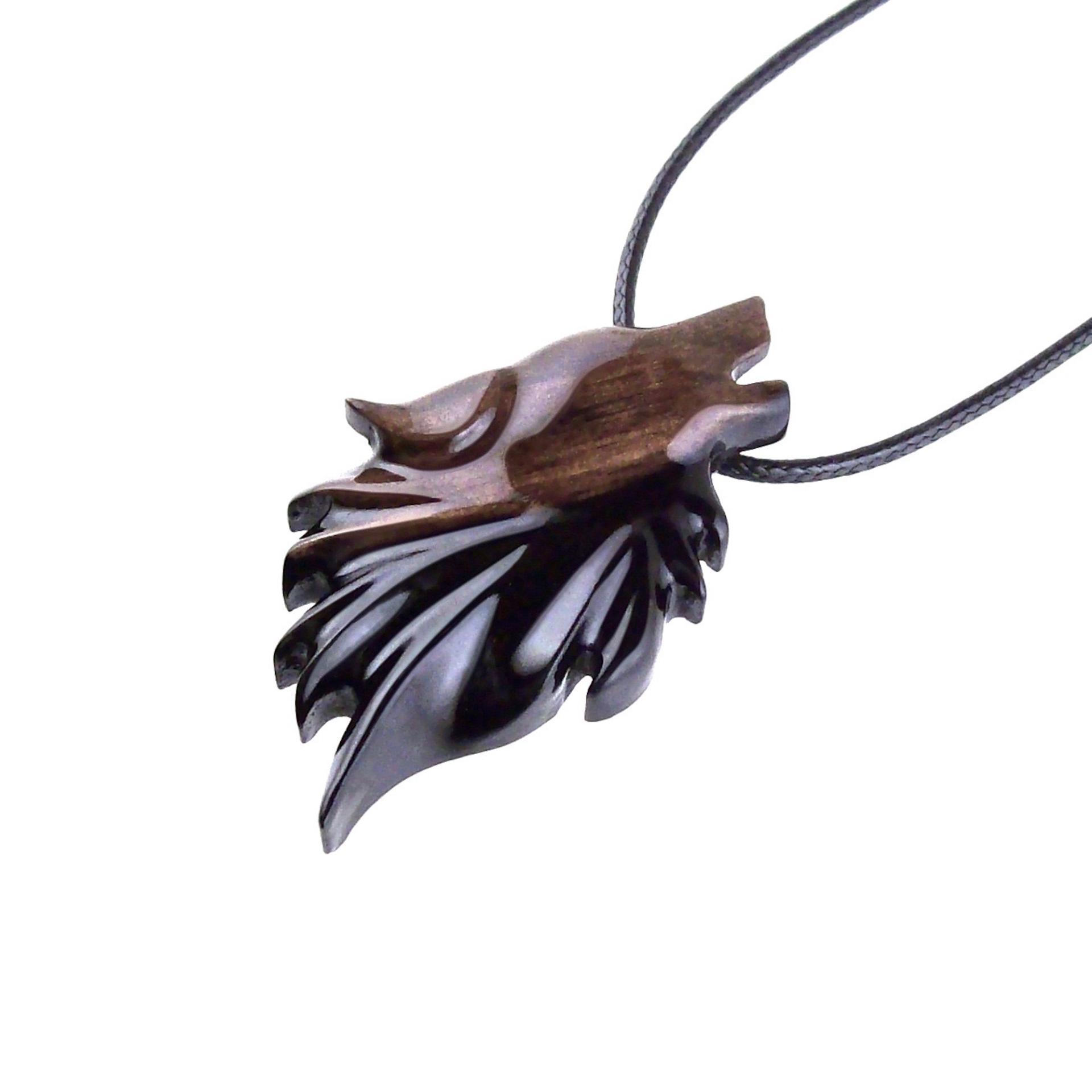 Wolf Wooden Necklace, Hand Carved Wood Wolf Head Pendant, Spirit Animal Totem, Woodland Jewelry in Black with Brown Streaks