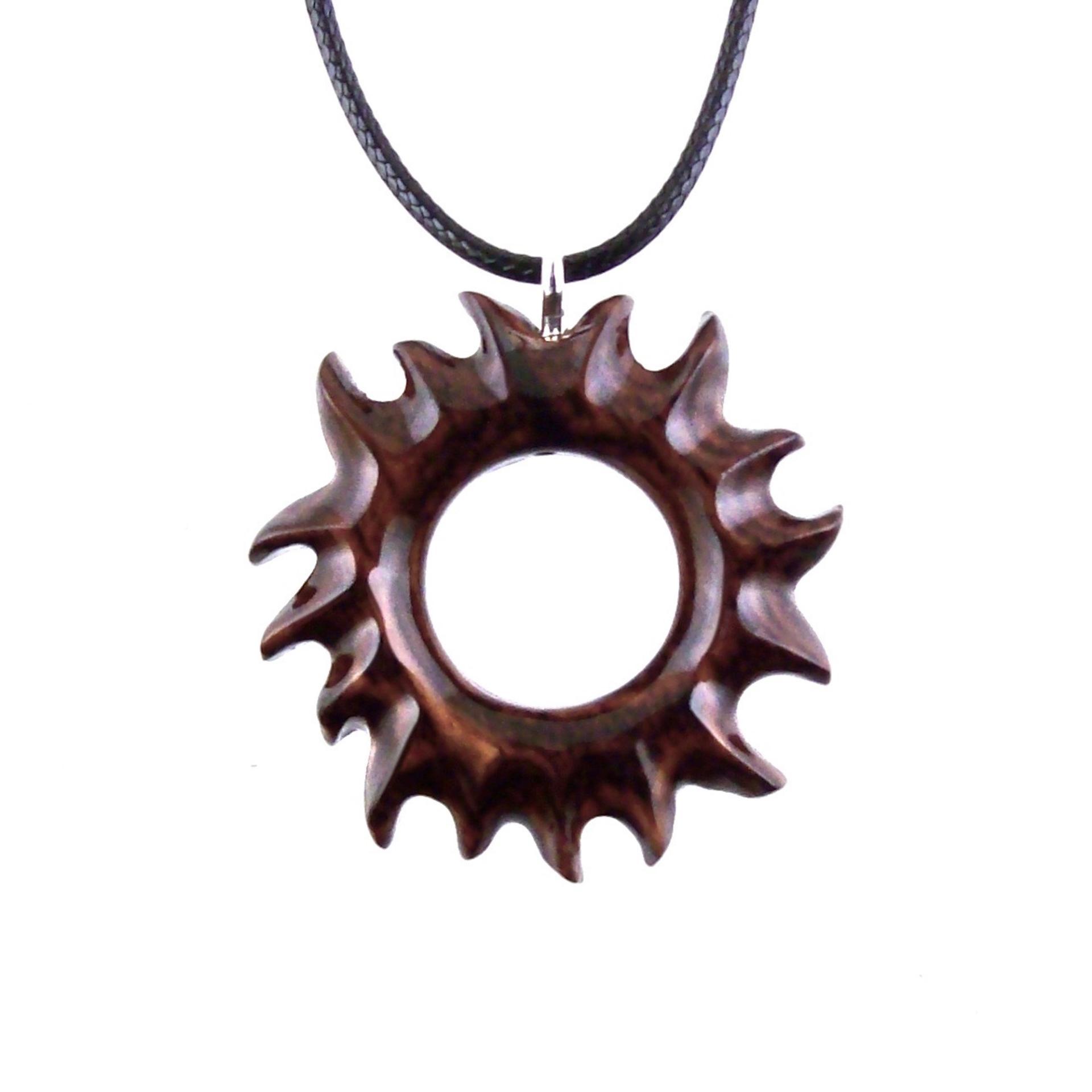 Hand Carved Sun Wooden Necklace, Celestial Sunburst Pendant, Solar Eclipse Wood Jewelry