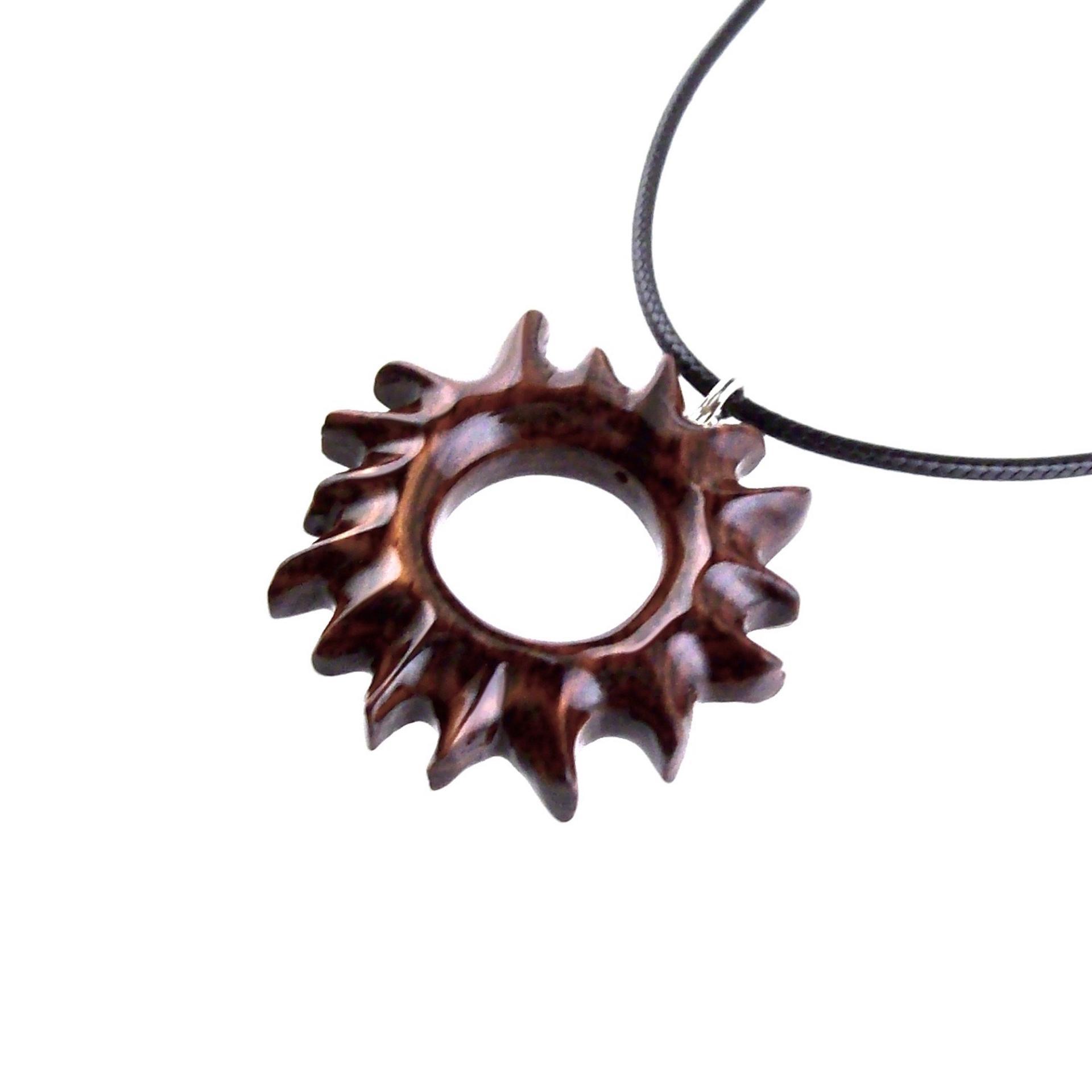 Hand Carved Sun Wooden Necklace, Celestial Sunburst Pendant, Solar Eclipse Wood Jewelry