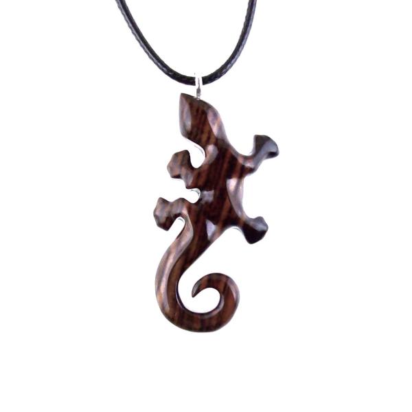 Wooden Lizard Pendant, Hand Carved Gecko Necklace, Salamander Charm, Reptile Wood Jewelry for Men or Women