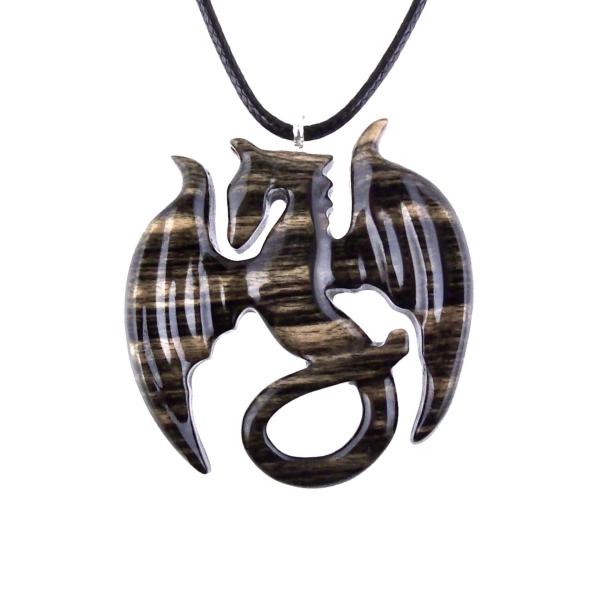 Dragon Necklace for Men Women, Hand Carved Wooden Dragon Pendant, Fantasy Wood Jewelry Gift for Her Him