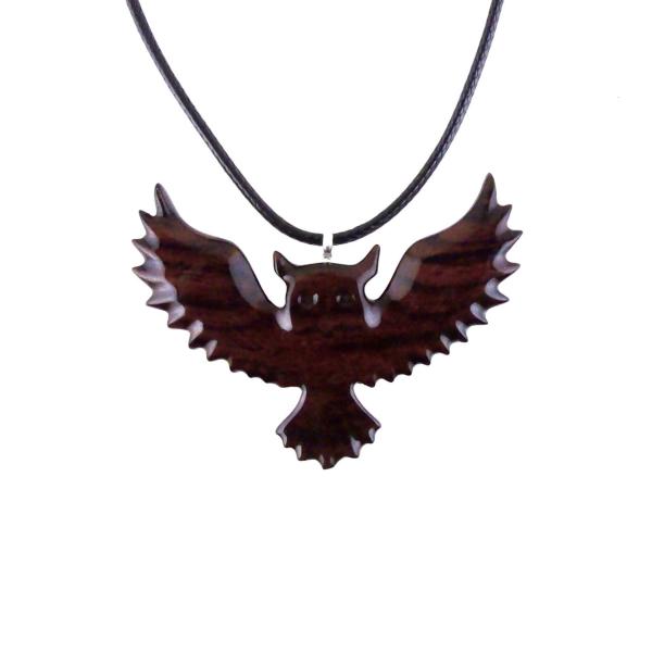 Owl Necklace, Hand Carved Wooden Owl Pendant, Flying Wood Bird Jewelry for Men Women