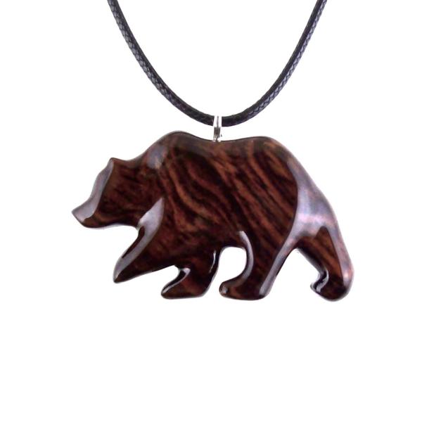 Wood Bear Necklace, Hand Carved Wooden Grizzly Bear Pendant for Men or Women, Spirit Animal Totem Jewelry Gift for Him Her