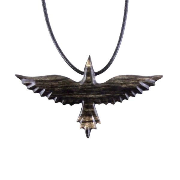 Flying Raven Necklace, Hand Carved Wooden Raven Pendant, Crow Necklace for Men or Women, Wood Bird Pendant, Totem Jewelry