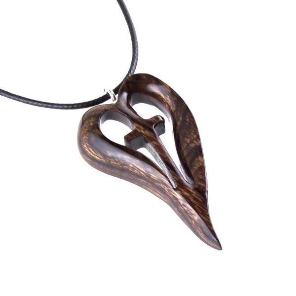Women Cross Necklace, Wooden Heart Pendant, Hand Carved Wood Cross Necklace, 5th Anniversary Gift for Her, Christian Jewelry
