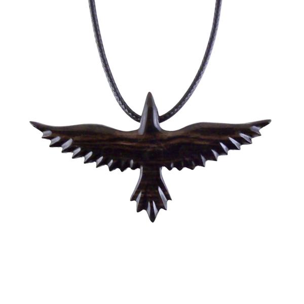 Raven Necklace, Hand Carved Wooden Crow Pendant for Men Women, Flying Bird Totem Wood Jewelry Gift in Black with Brown Streaks