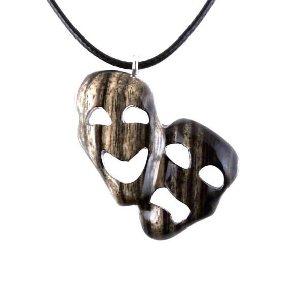 Hand Carved Comedy Tragedy Mask Pendant Necklace, Handmade Wooden Drama Jewelry for Men Women