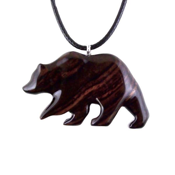 Wood Bear Necklace, Hand Carved Wooden Grizzly Bear Pendant for Men or Women, Spirit Animal Totem Jewelry Gift for Him Her