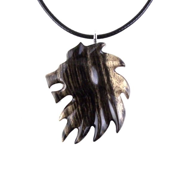 Hand Carved Wooden Lion Head Necklace Pendant, Handmade Leo Spirit Animal Jewelry Gift