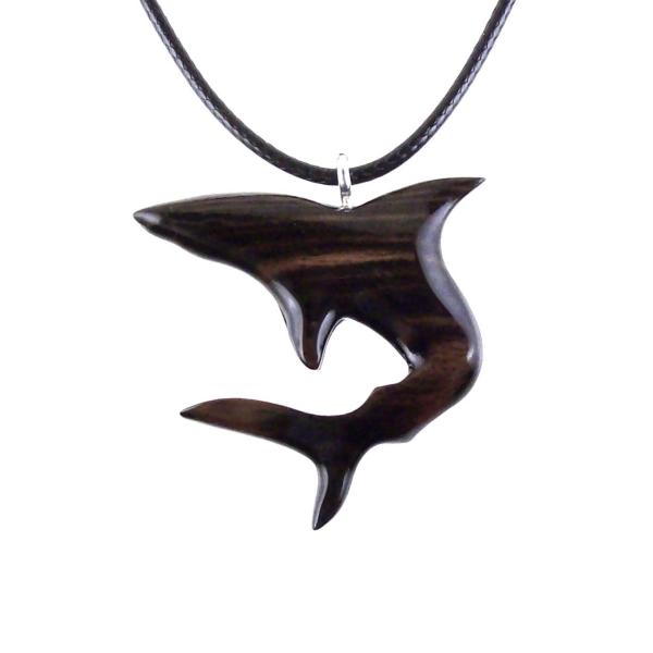 Shark Pendant, Hand Carved Wooden Shark Necklace, Mens Wood Pendant, Nautical Jewelry Gift for Him in Black with Brown Streaks