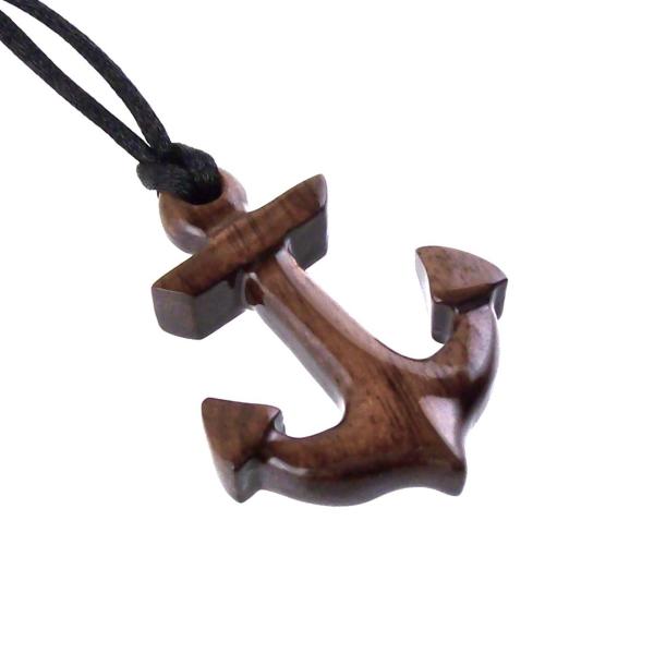 Hand Carved Wooden Anchor Pendant, Mens Wood Necklace, Handmade Nautical Jewelry Gift for Him