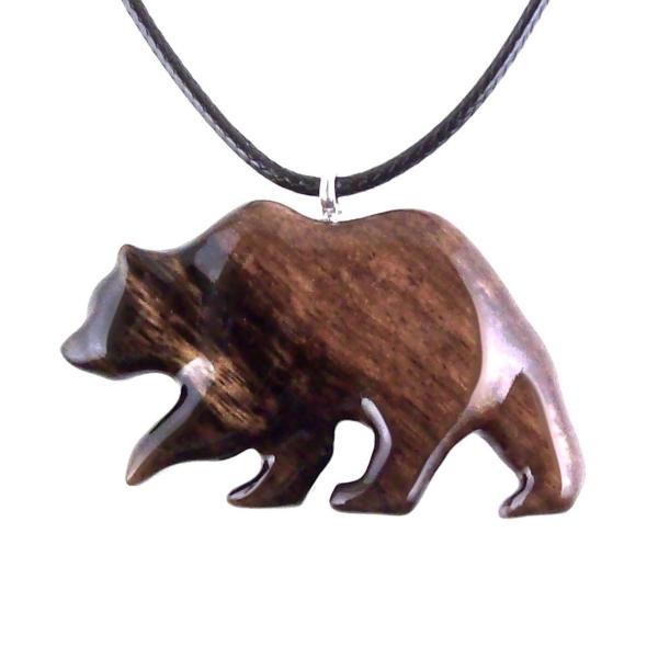 Hand Carved Wooden Bear Pendant, Grizzly Wood Bear Necklace, Totem Spirit Animal, Woodland Jewelry