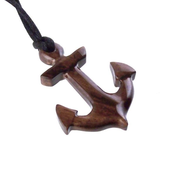 Hand Carved Wooden Anchor Pendant, Mens Wood Necklace, Handmade Nautical Jewelry Gift for Him