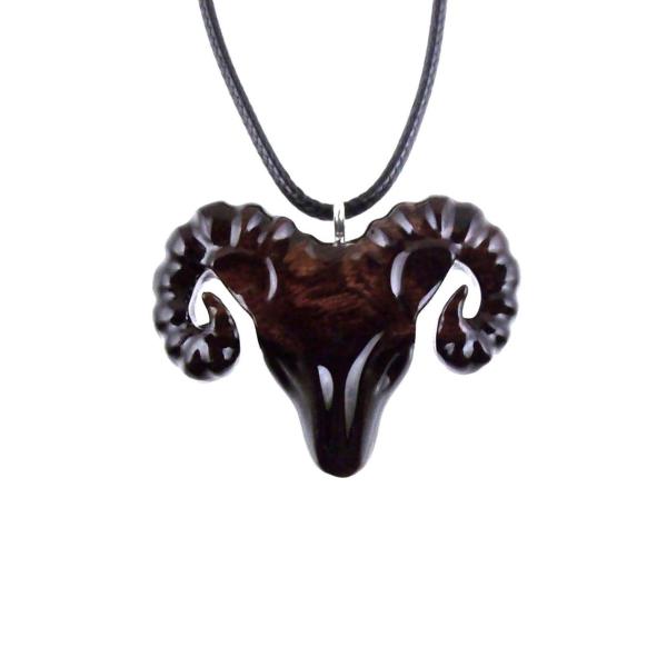 Hand Carved Wooden Ram Pendant Necklace