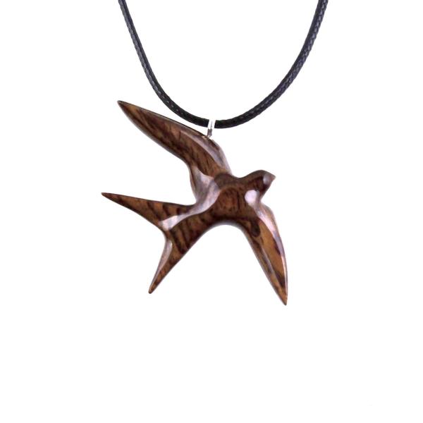 Hand Carved Swallow Necklace, Wooden Bird Pendant, Hope and Love Symbol 5th Anniversary Wood Jewelry Gift for Her