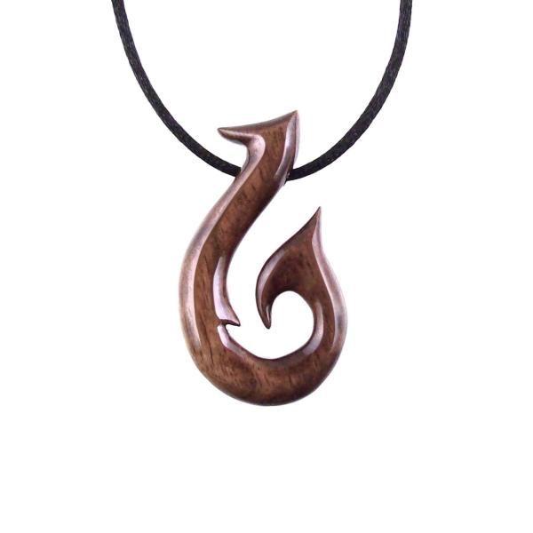 Brown Wooden Fish Hook Pendant with 32" black satin cord necklace