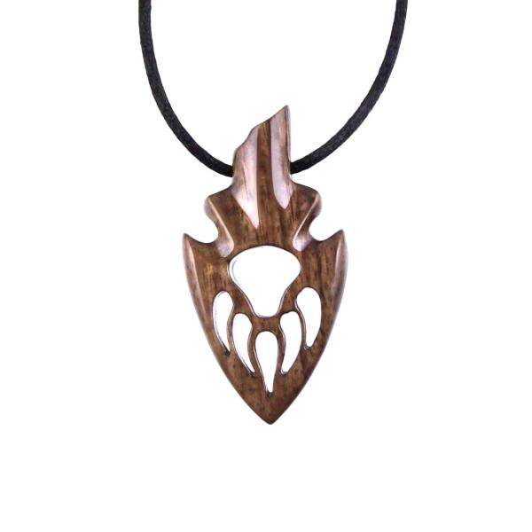 Brown reversible Wooden Pendant arrowhead with bear paw cut-out inside of it with black satin cord necklace