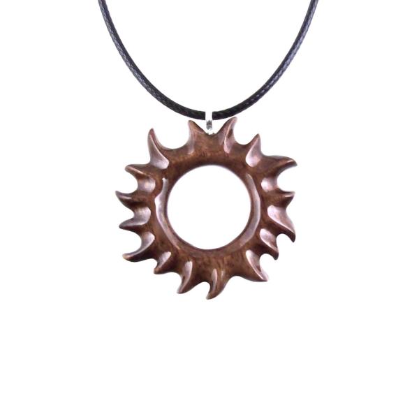 Brown reversible wooden sun pendant with 18 inches black cord necklace with lobster clasp