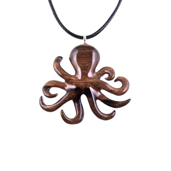 Brown reversible wooden octopus pendant with 18 inches black cord necklace with lobster clasp