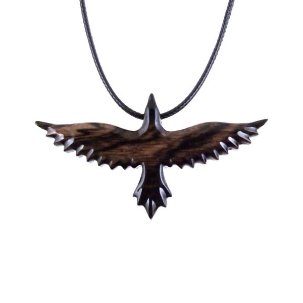 black and brown reversible wooden flying raven pendant with 18 inches black cord necklace with lobster clasp