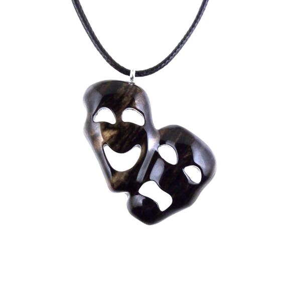 Black with cream streaks wooden comedy tragedy pendant with 18 inches black cord necklace with lobster clasp