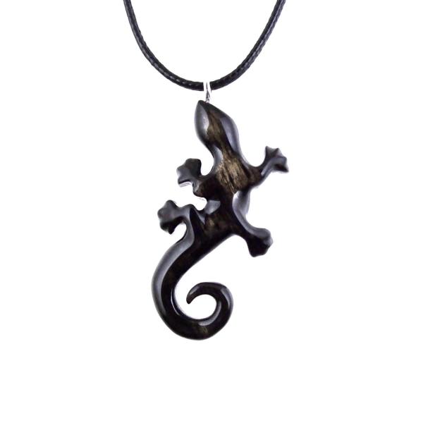 Black with cream streaks wooden lizard pendant with 18 inches black cord necklace with lobster clasp