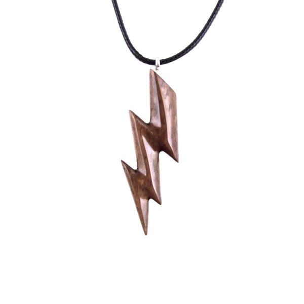 Brown reversible wooden lighting bolt pendant with 18 inches black cord necklace with lobster clasp