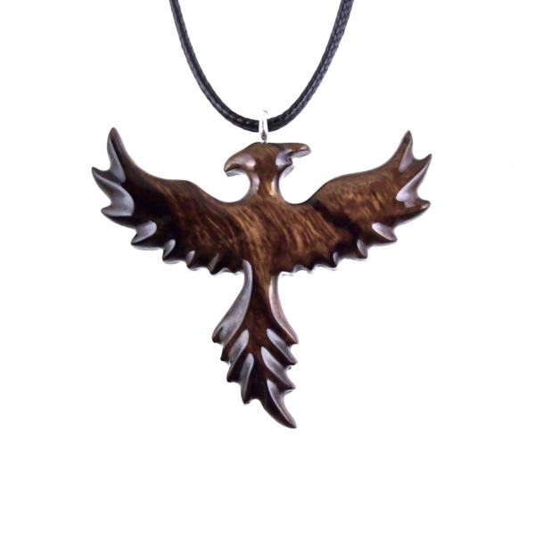 brown reversible wooden rising phoenix bird pendant with 18 inches black cord necklace with lobster clasp