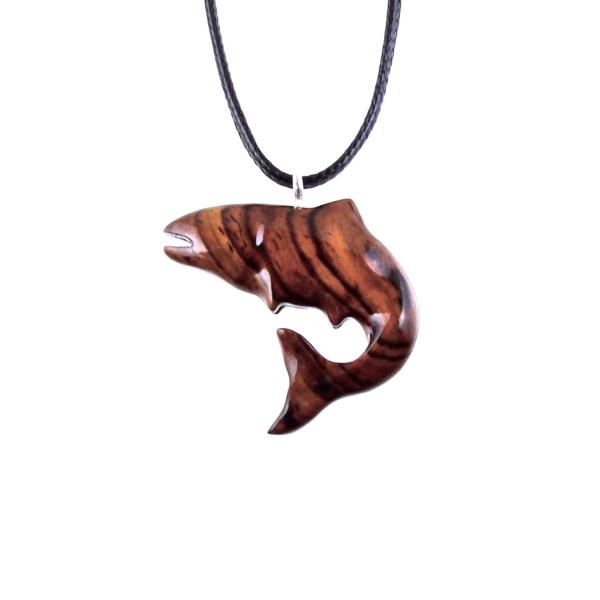 Reversible Reddish-Brown Wooden Salmon Pendant with 18 inches black cord necklace