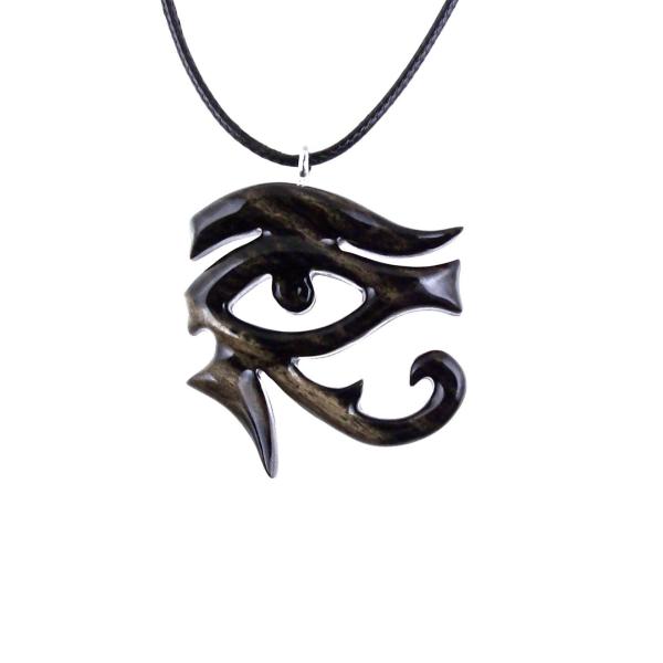 Black and cream wooden eye of Horus pendant with 18 inches black cord necklace with lobster clasp