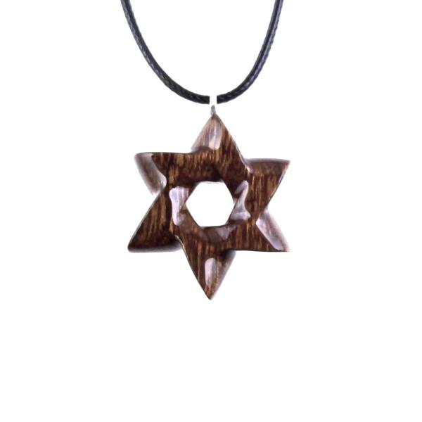 Brown Reversible Wooden Star of David Pendant with 18 inches black cord necklace with lobster clasp.